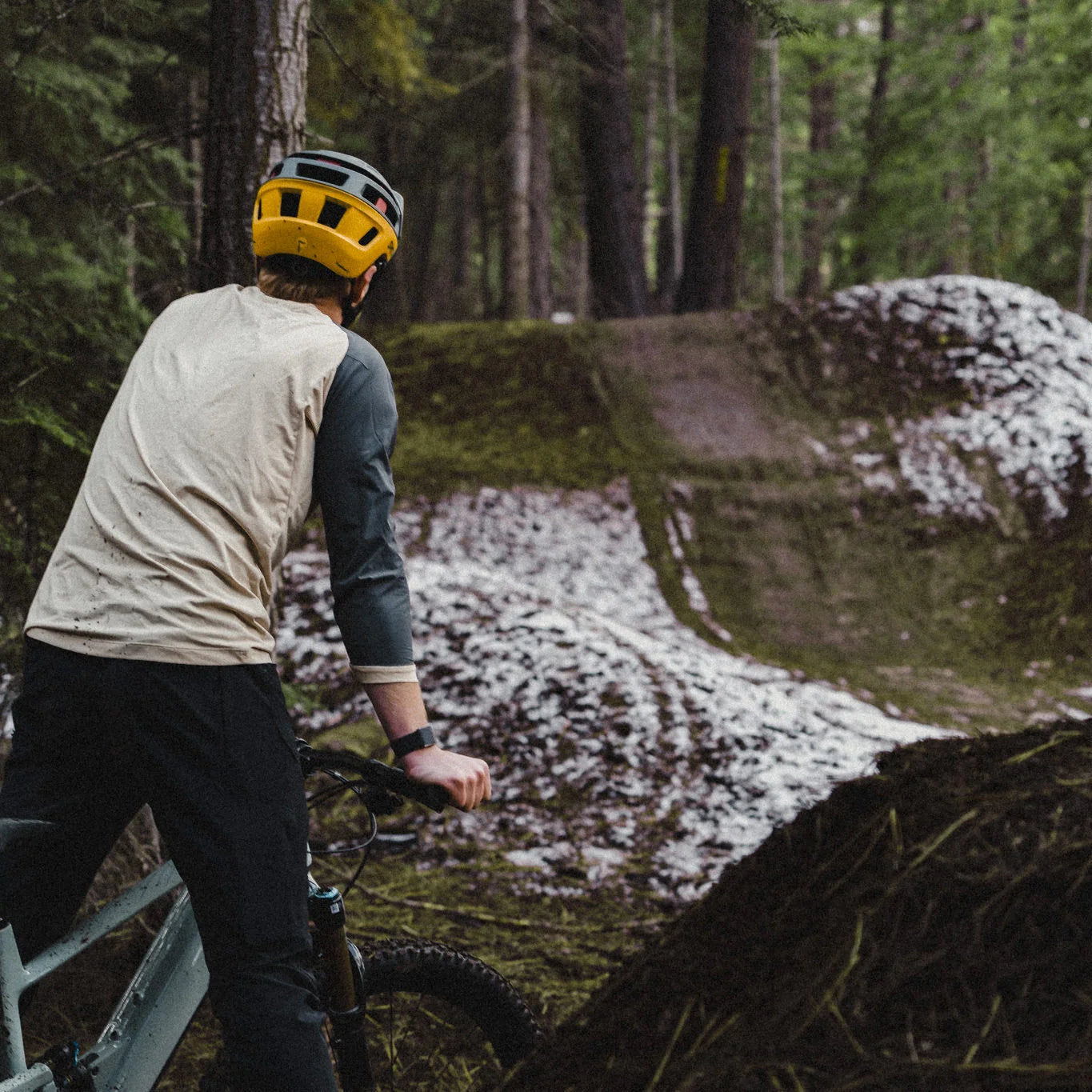 Mountain biker on bike, looking at trails ahead